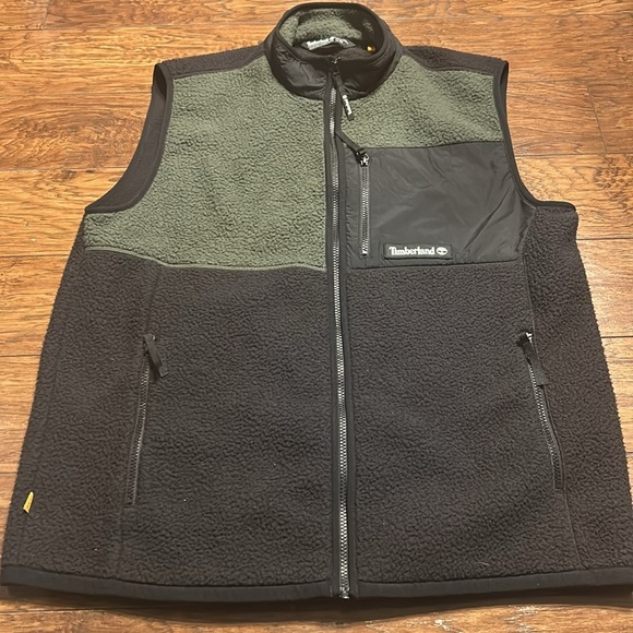 Timberland Mens Fleece Vest Green/Black Color Block Pockets Mock Neck SZ Large - Picture 6 of 11